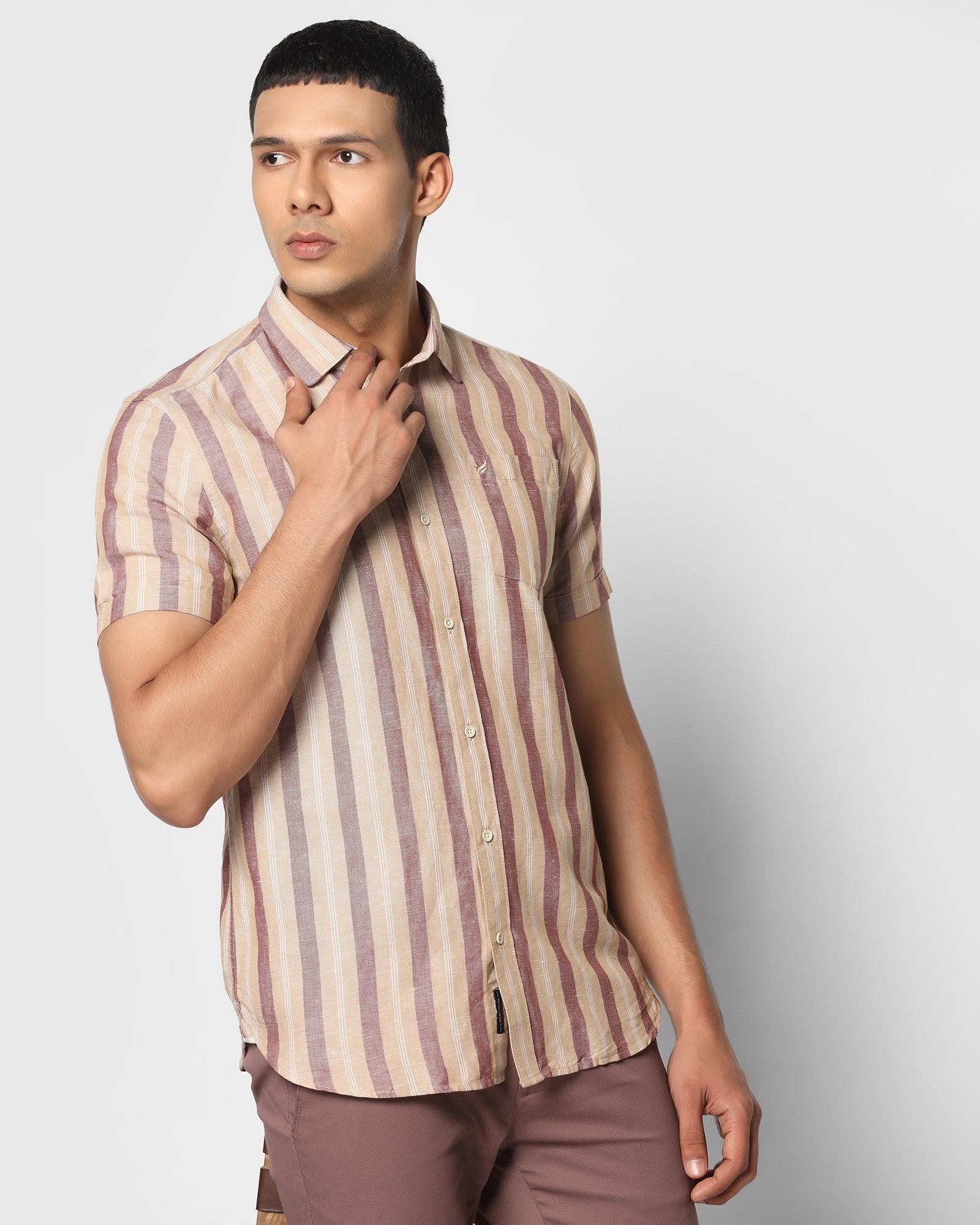 Linen Formal Half Sleeve Rust Striped Shirt - Kojima