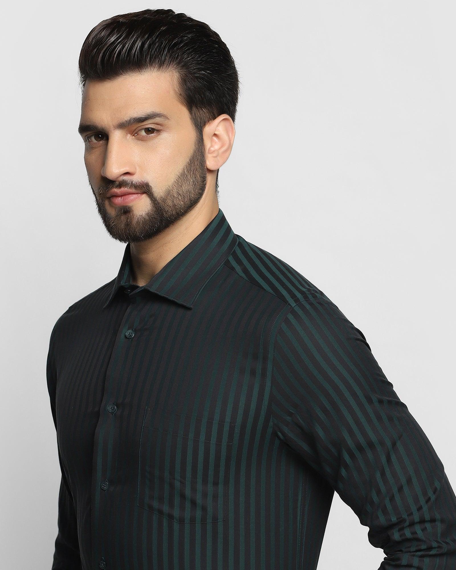 Formal Bottle Green Striped Shirt - Merty