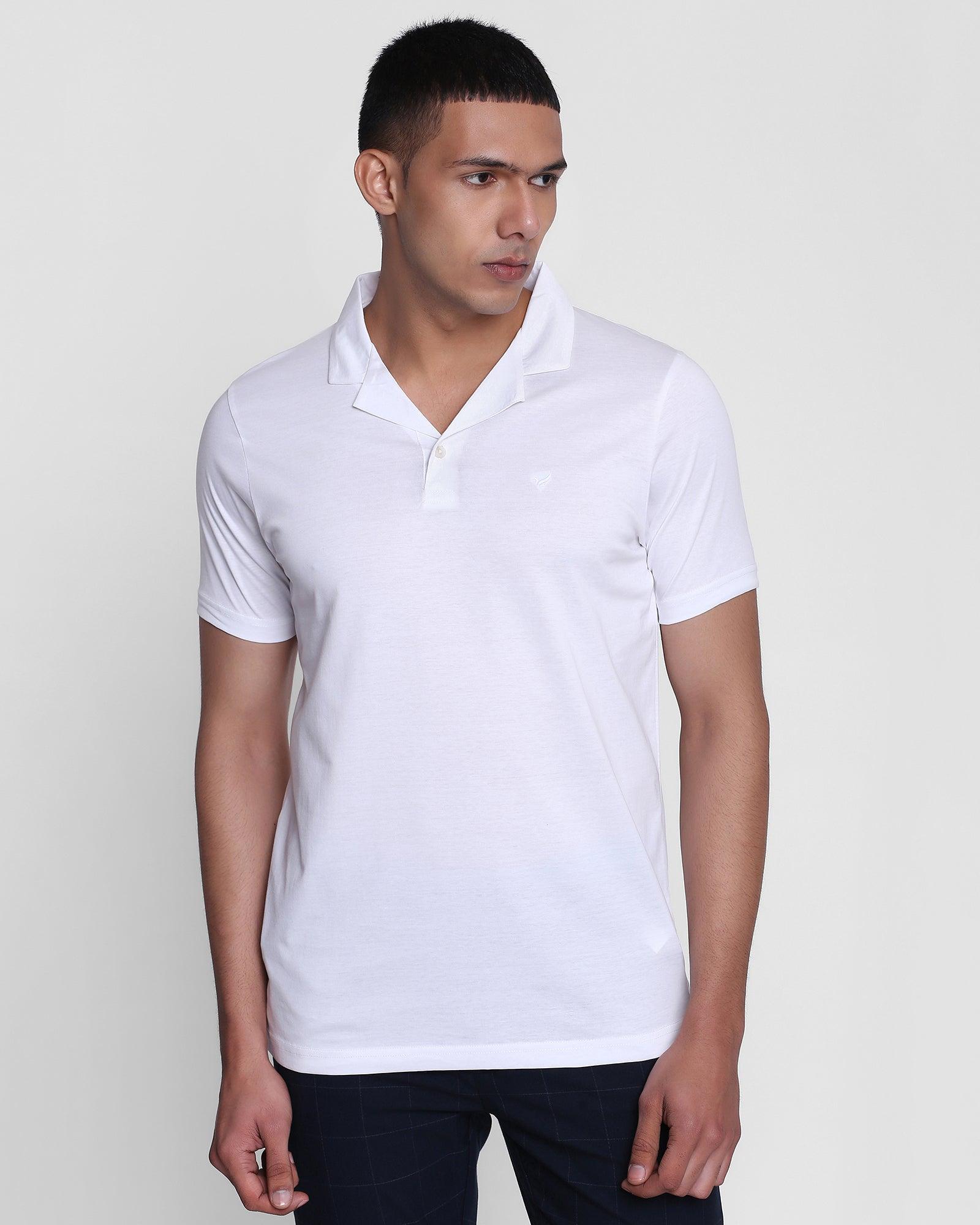 Stylized Collar White Solid T Shirt - Finch