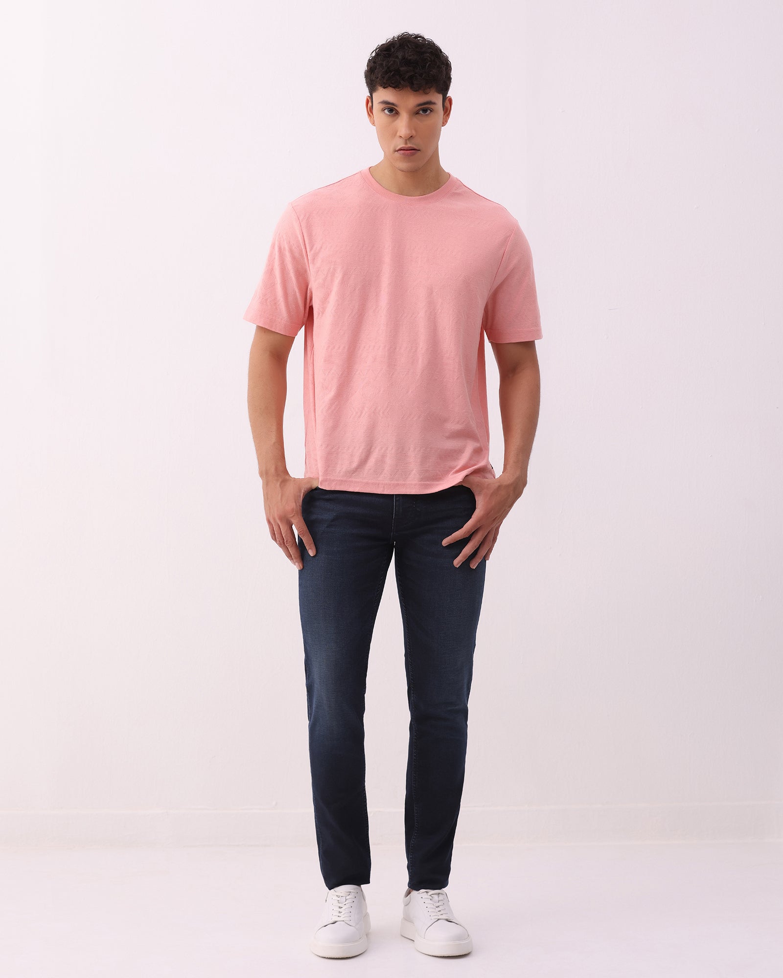 Summer Pink Crew Neck Textured T-Shirt - Rubeus