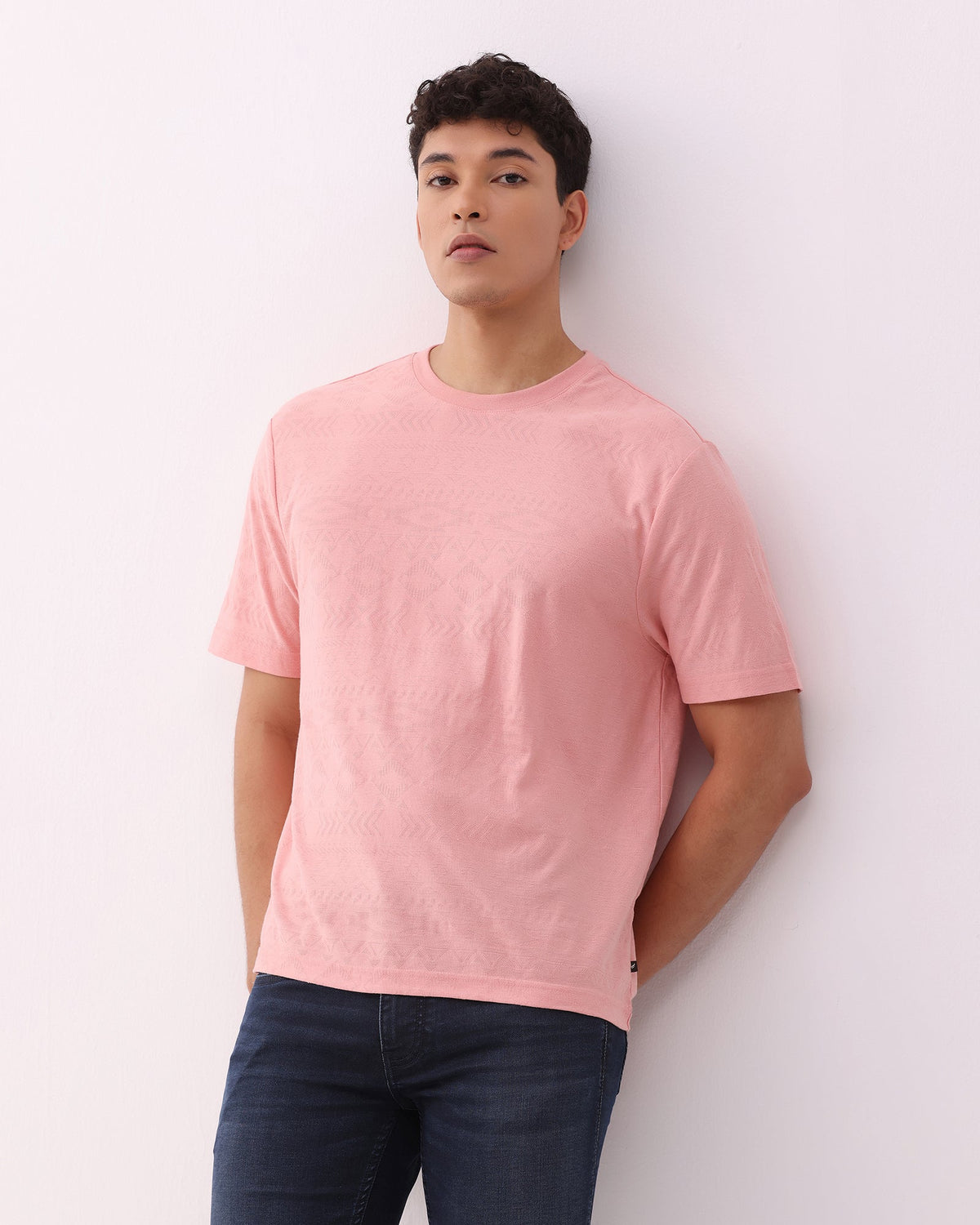Summer Pink Crew Neck Textured T-Shirt - Rubeus