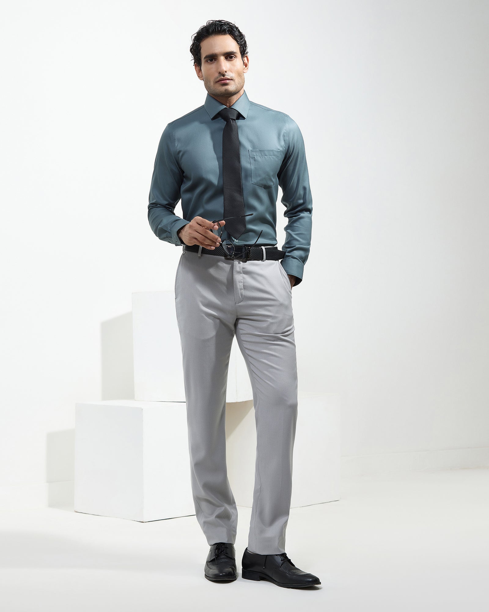 Teal Grey Unwrinkle Textured Shirt - P31