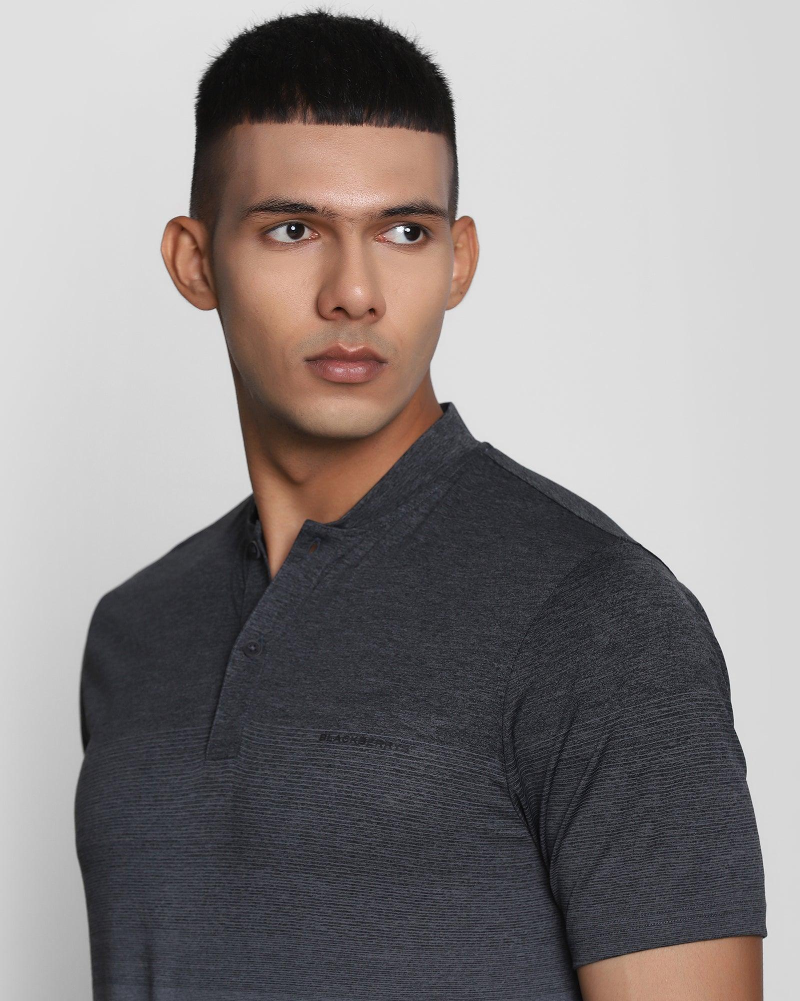 TechPro Mandarin Collar Dark Grey Melange Solid T Shirt - Sport