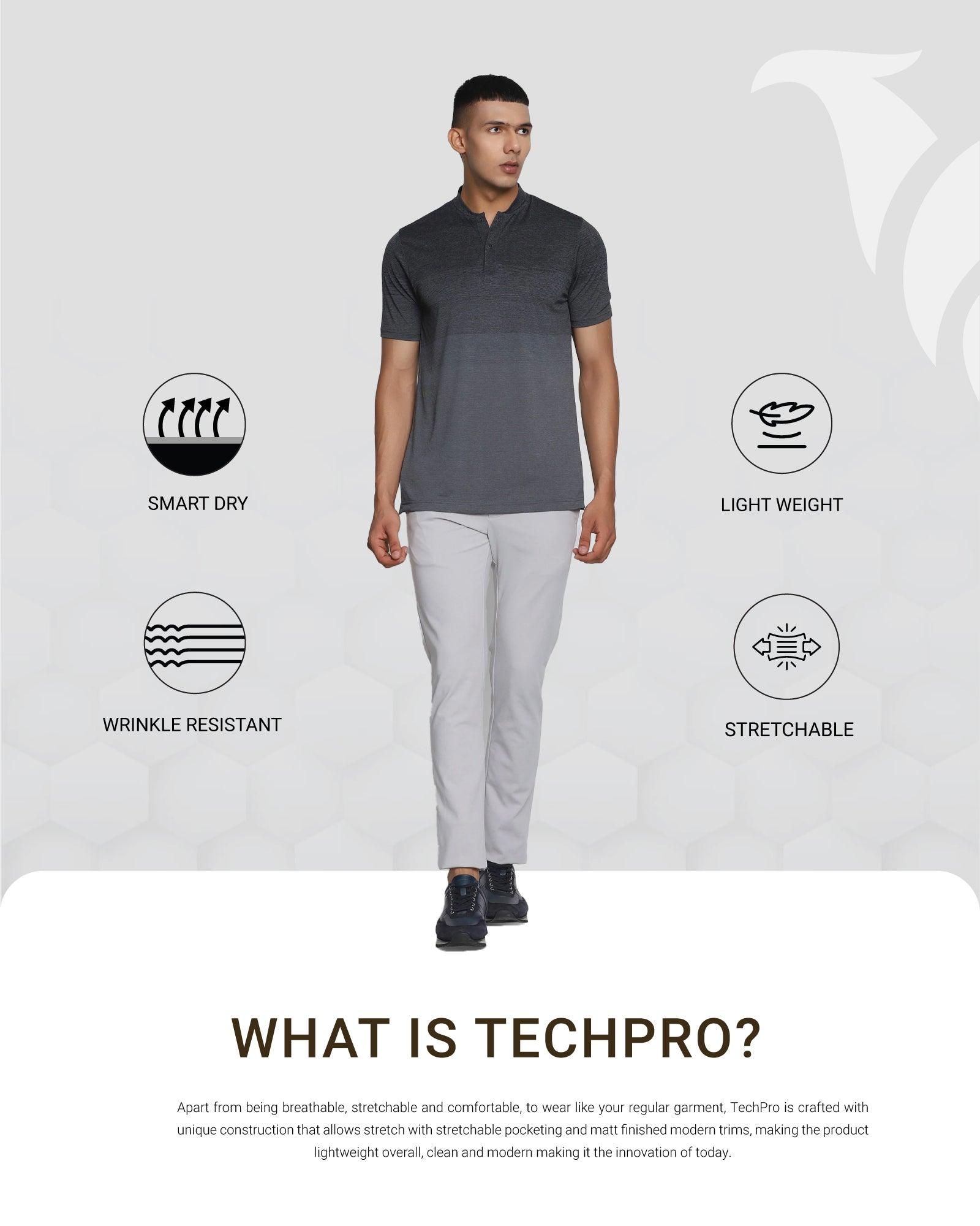 TechPro Mandarin Collar Dark Grey Melange Solid T Shirt - Sport