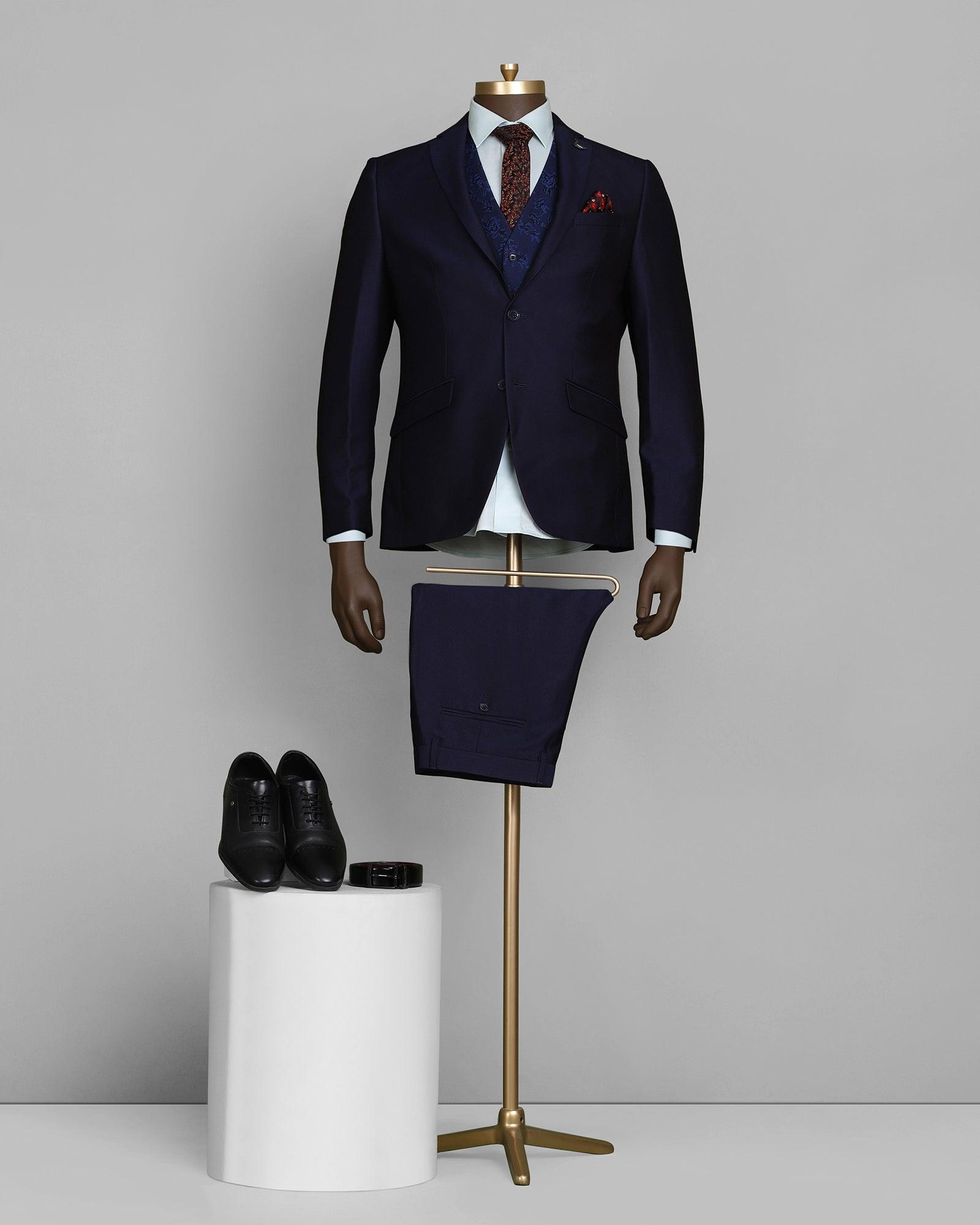 Three Piece Navy Textured Formal Suit - Mawrry