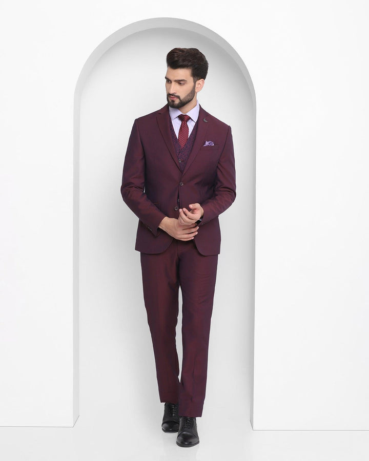 Three Piece Wine Textured Formal Suit - Naull