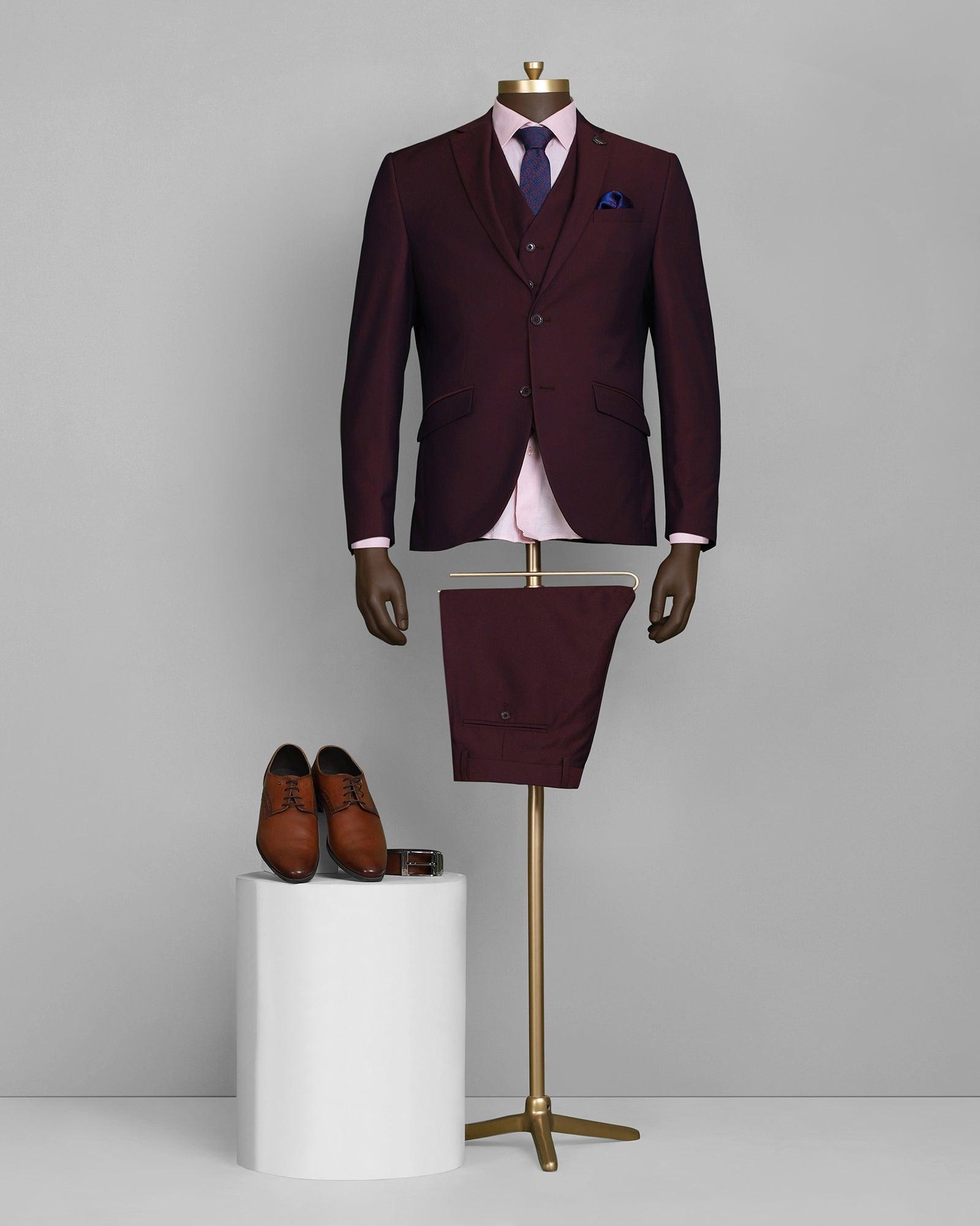 Three Piece Wine Textured Formal Suit - Naull