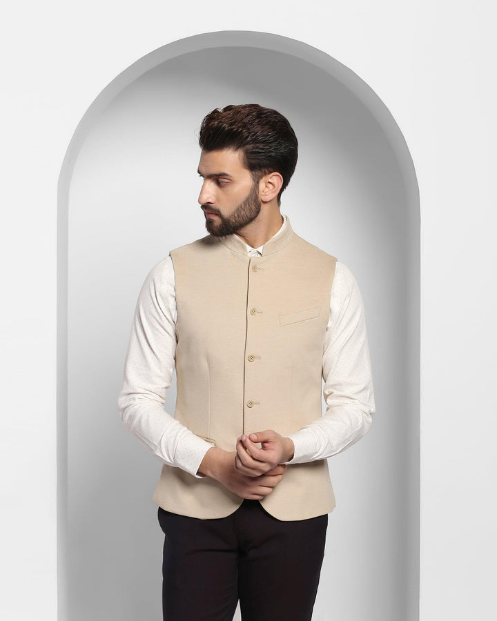 Bandhgala Formal Beige Textured Waistcoat - Abran