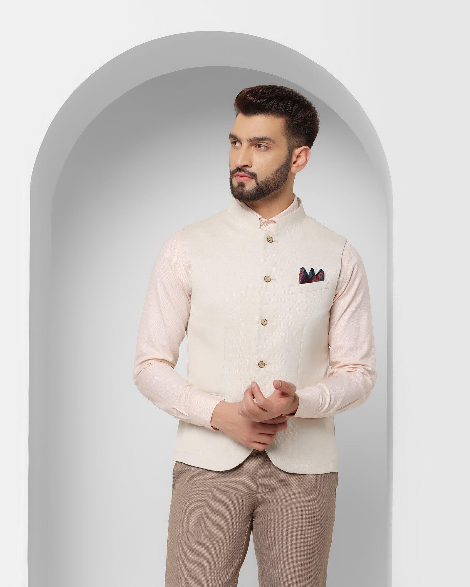 Textured Formal Bandhgala Waistcoat In Beige (Reef) - Blackberrys