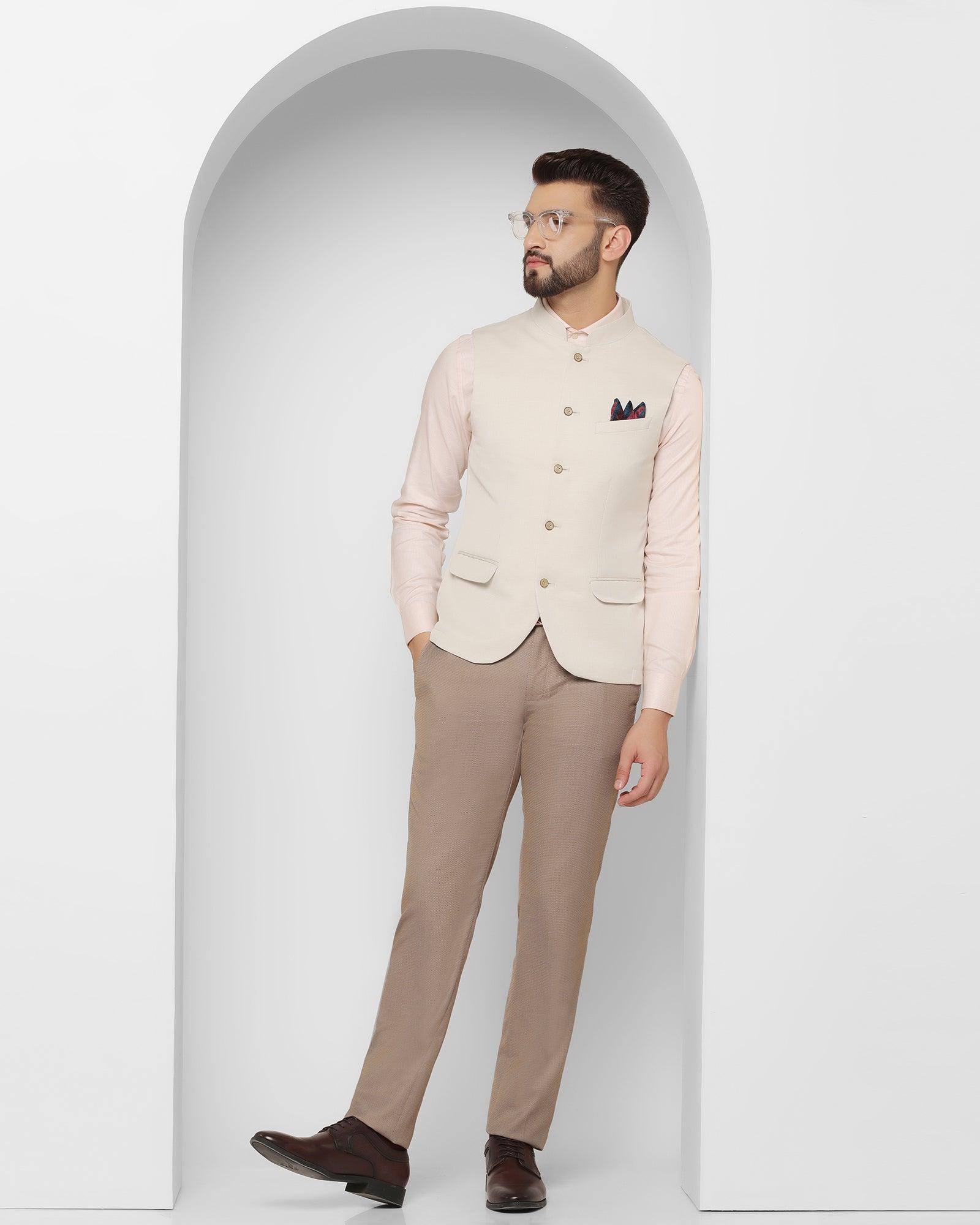 Textured Formal Bandhgala Waistcoat In Beige (Reef) - Blackberrys
