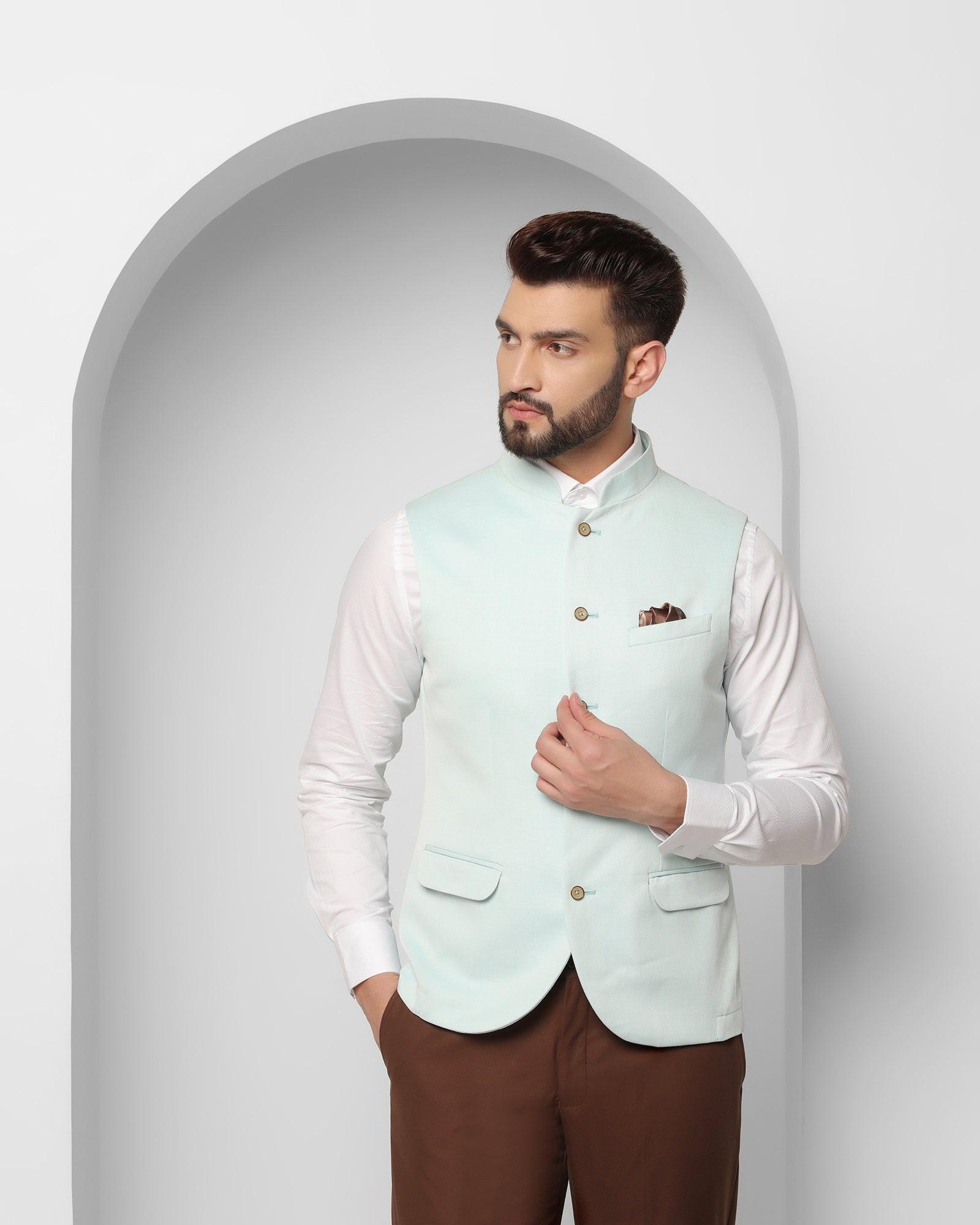 Textured Formal Bandhgala Waistcoat In Mint (Reef) - Blackberrys
