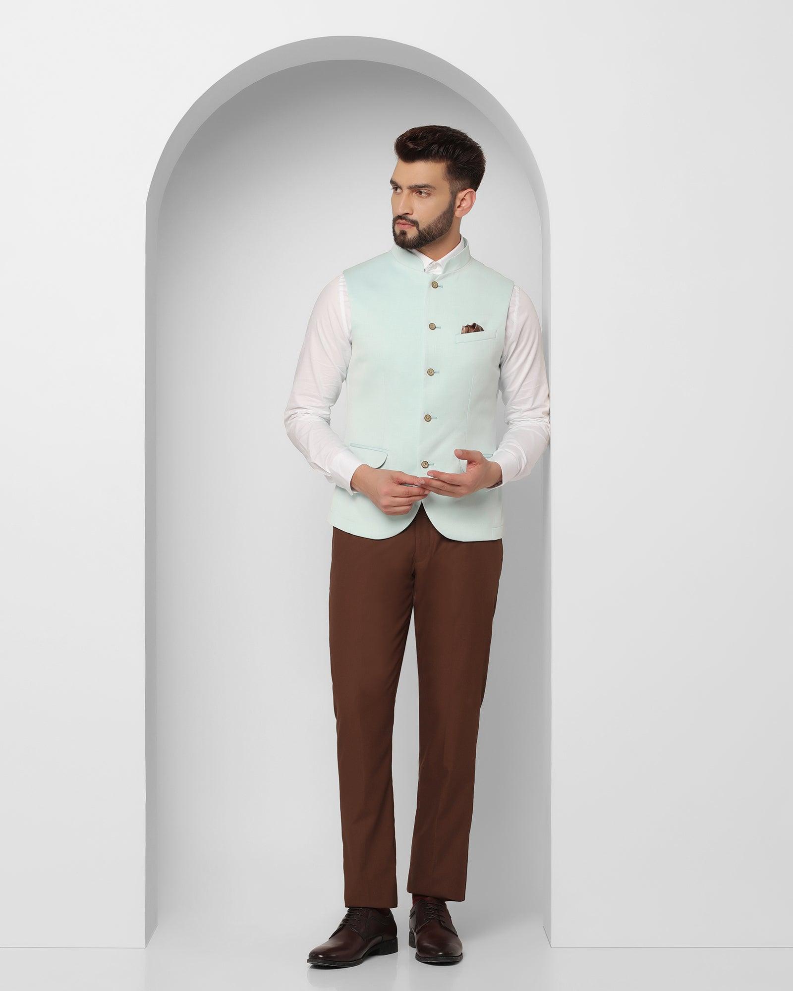 Textured Formal Bandhgala Waistcoat In Mint (Reef) - Blackberrys