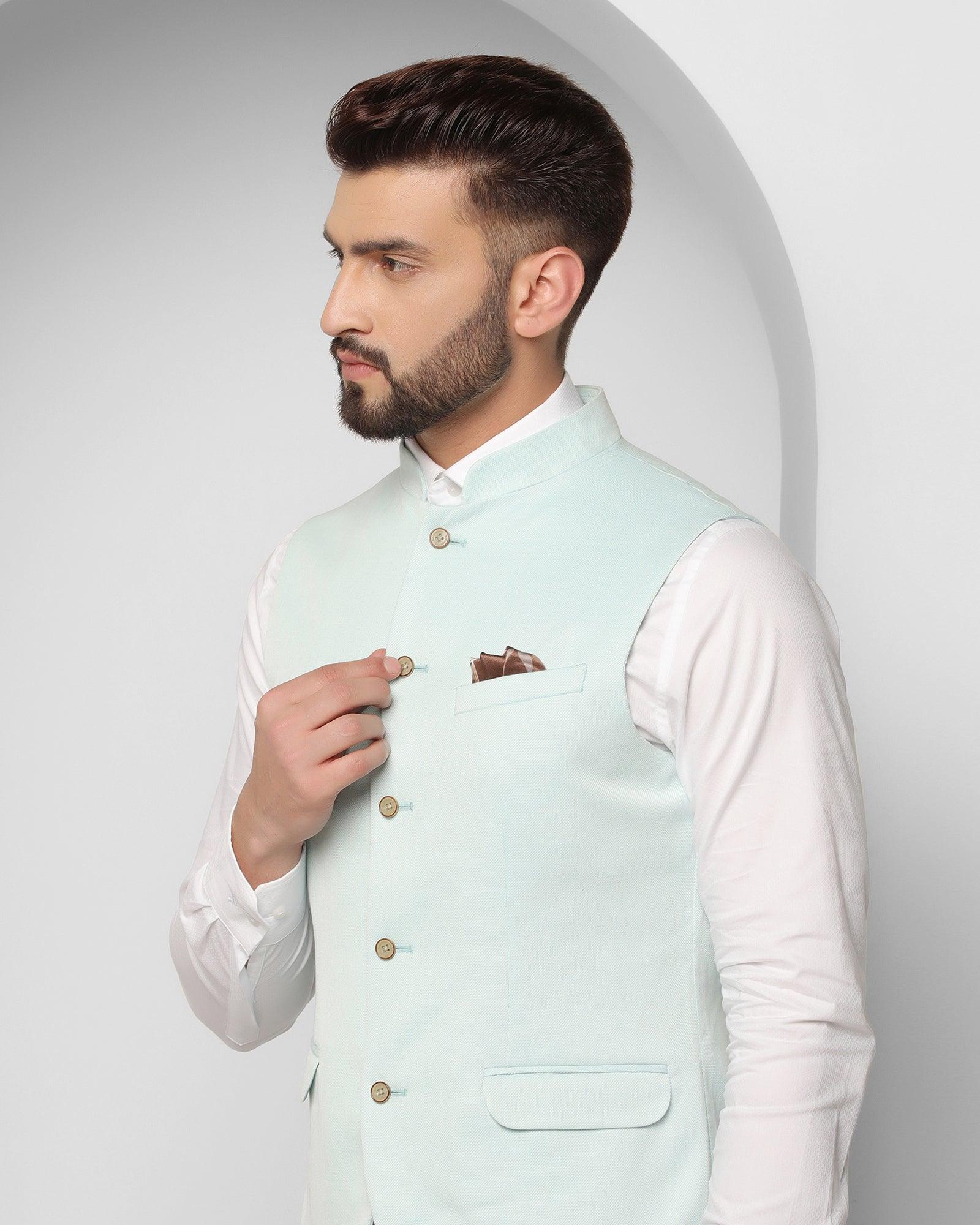 Textured Formal Bandhgala Waistcoat In Mint (Reef) - Blackberrys