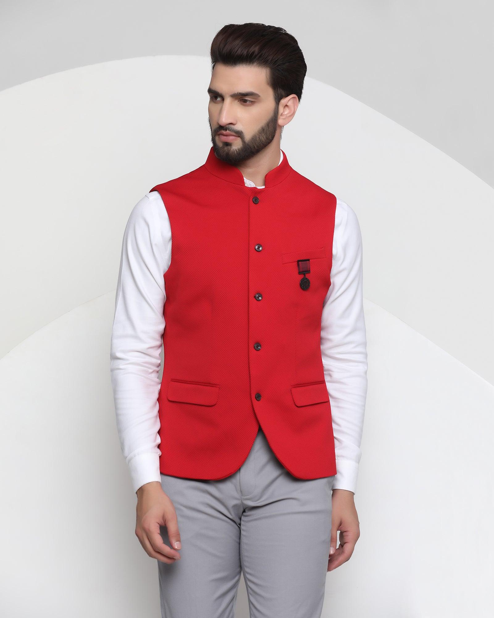 Bandhgala Formal Red Textured Waistcoat - Vann