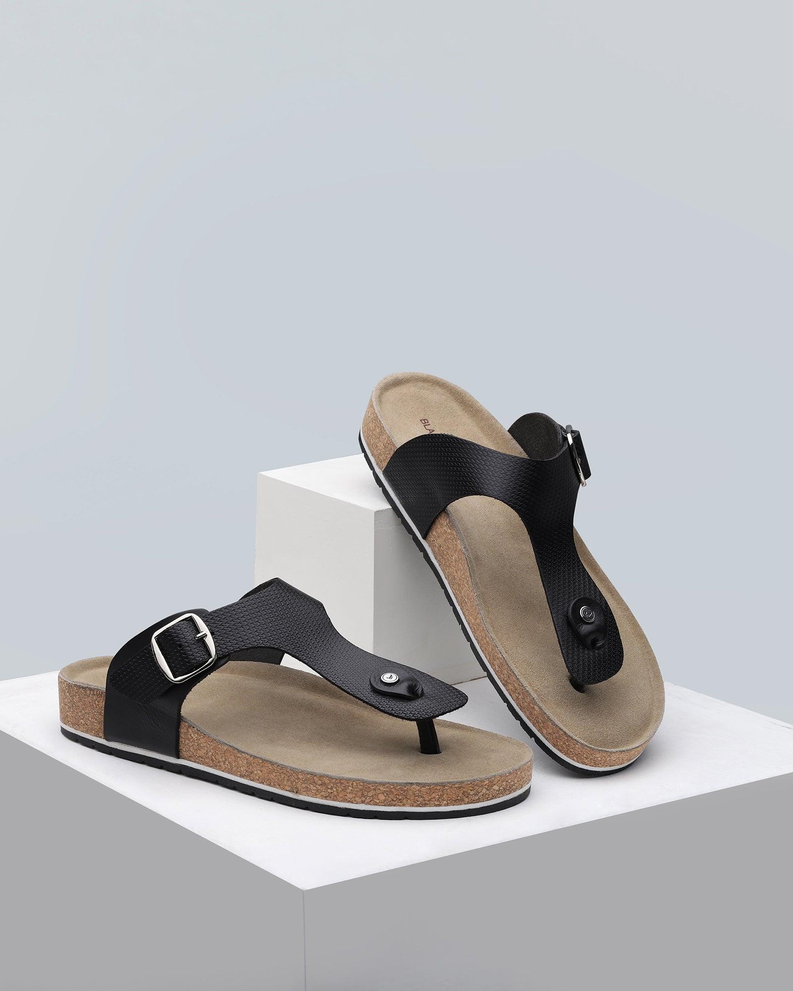 Leather Black Textured Open Sandals - Navel