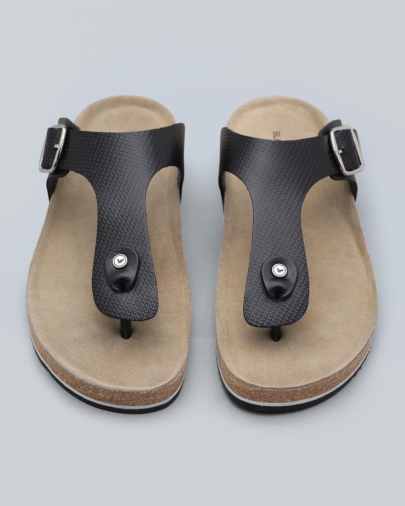 Leather Black Textured Open Sandals - Navel