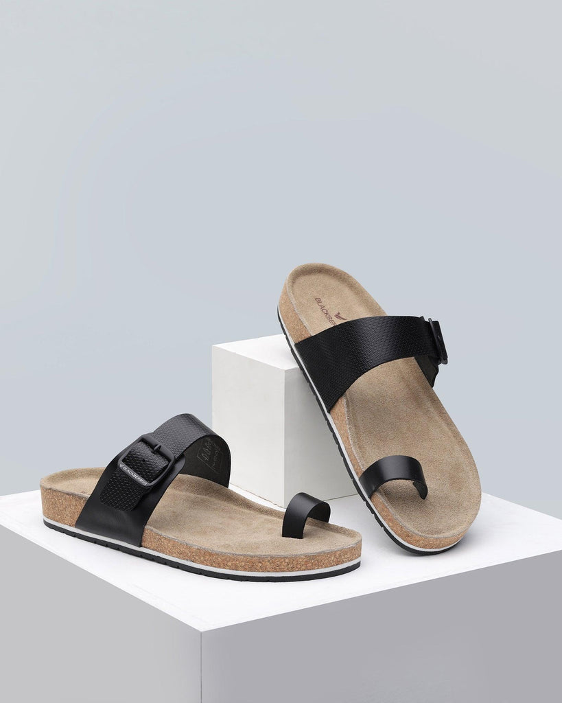 Leather Black Textured Sandals - Nocia