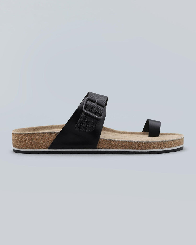 Leather Black Textured Sandals - Nocia