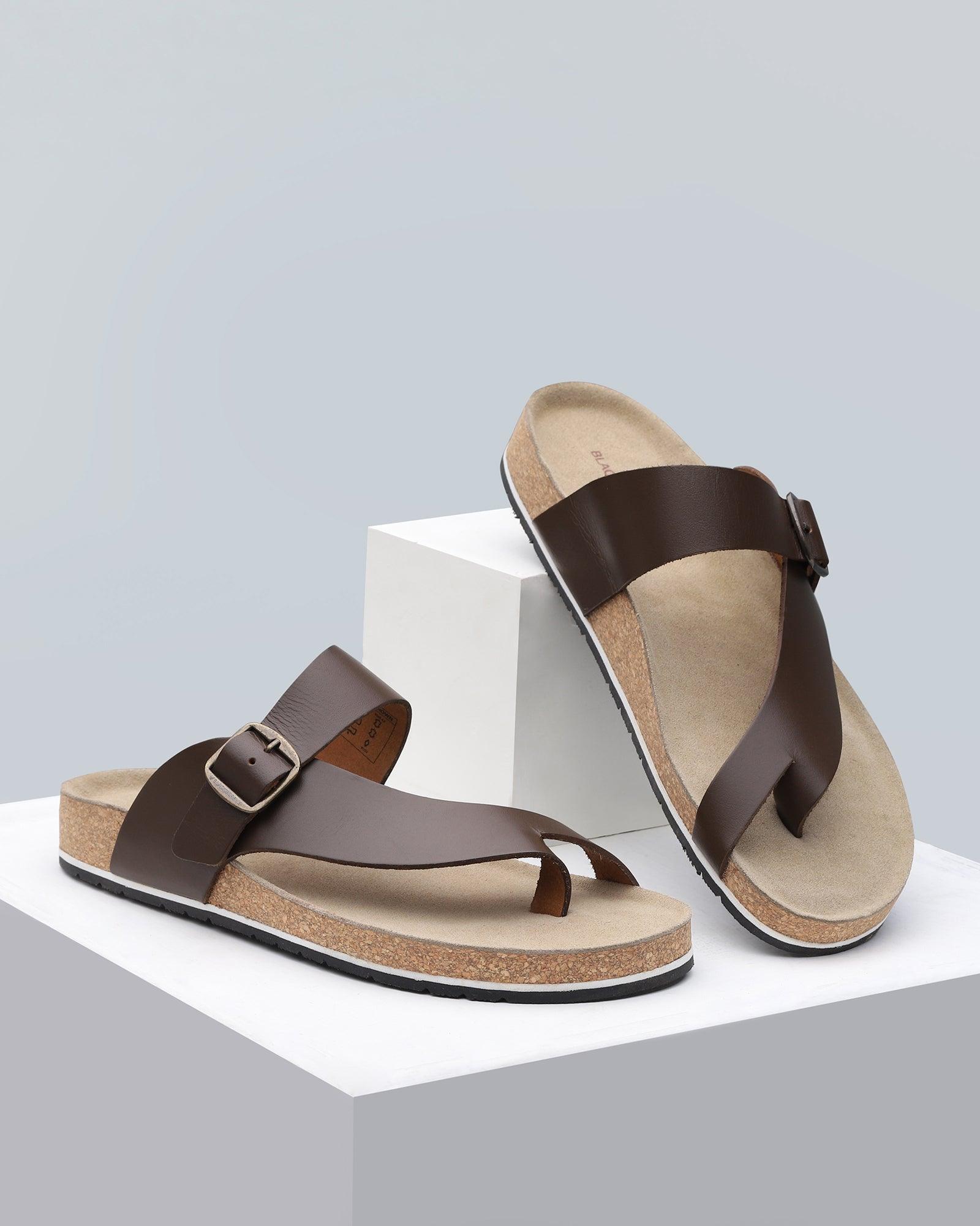 Leather Brown Textured Open Sandals - Natal
