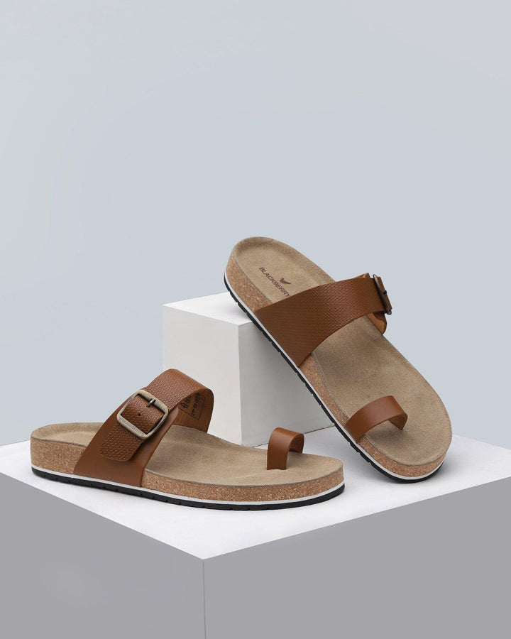 Leather Tan Textured Sandals - Nocia