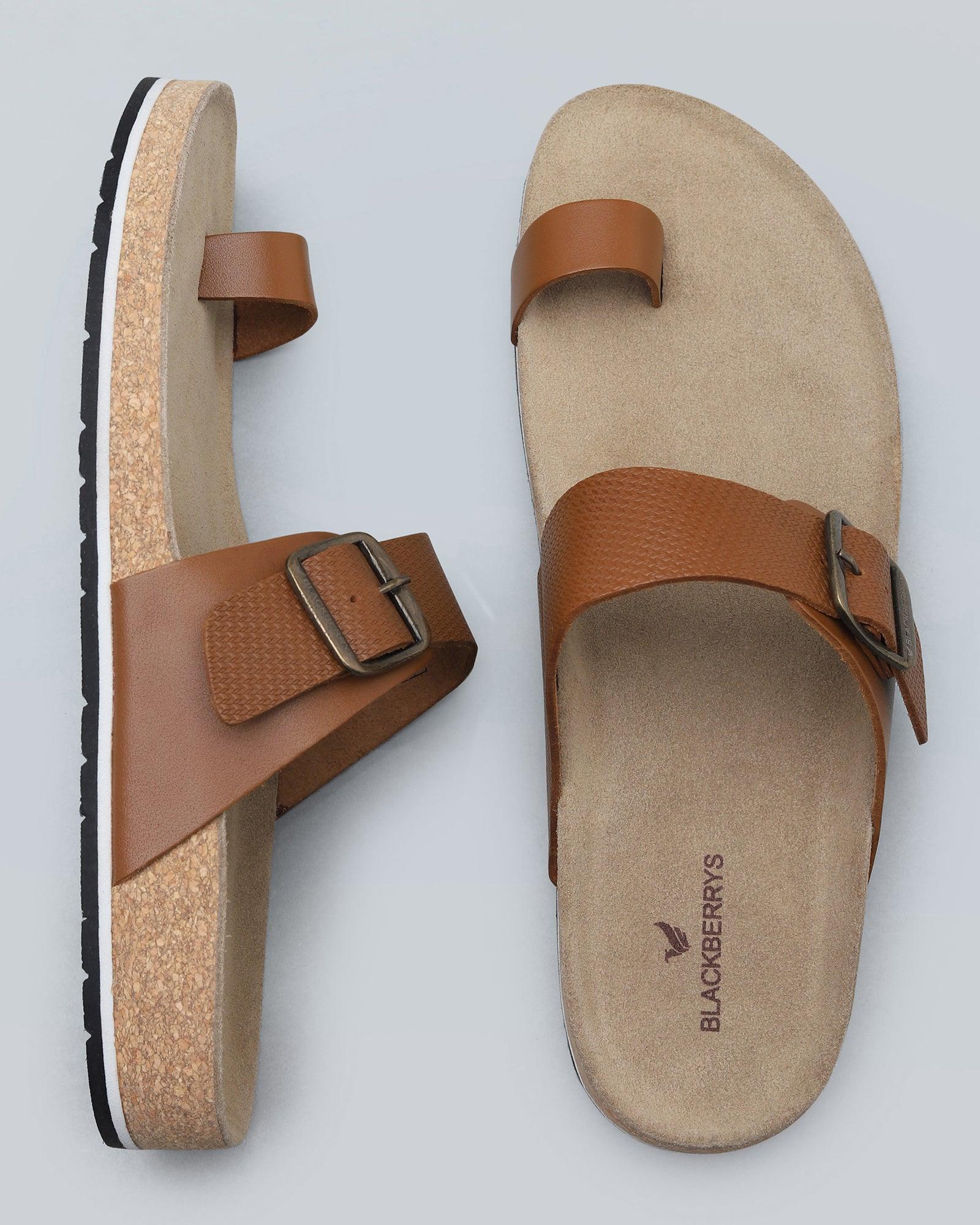 Leather Tan Textured Open Sandals - Nocia