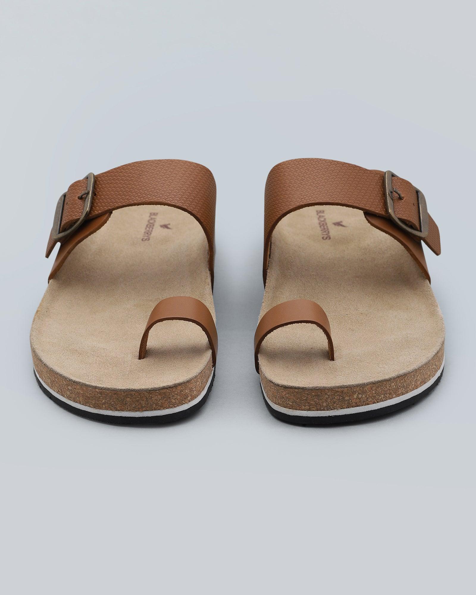 Leather Tan Textured Open Sandals - Nocia