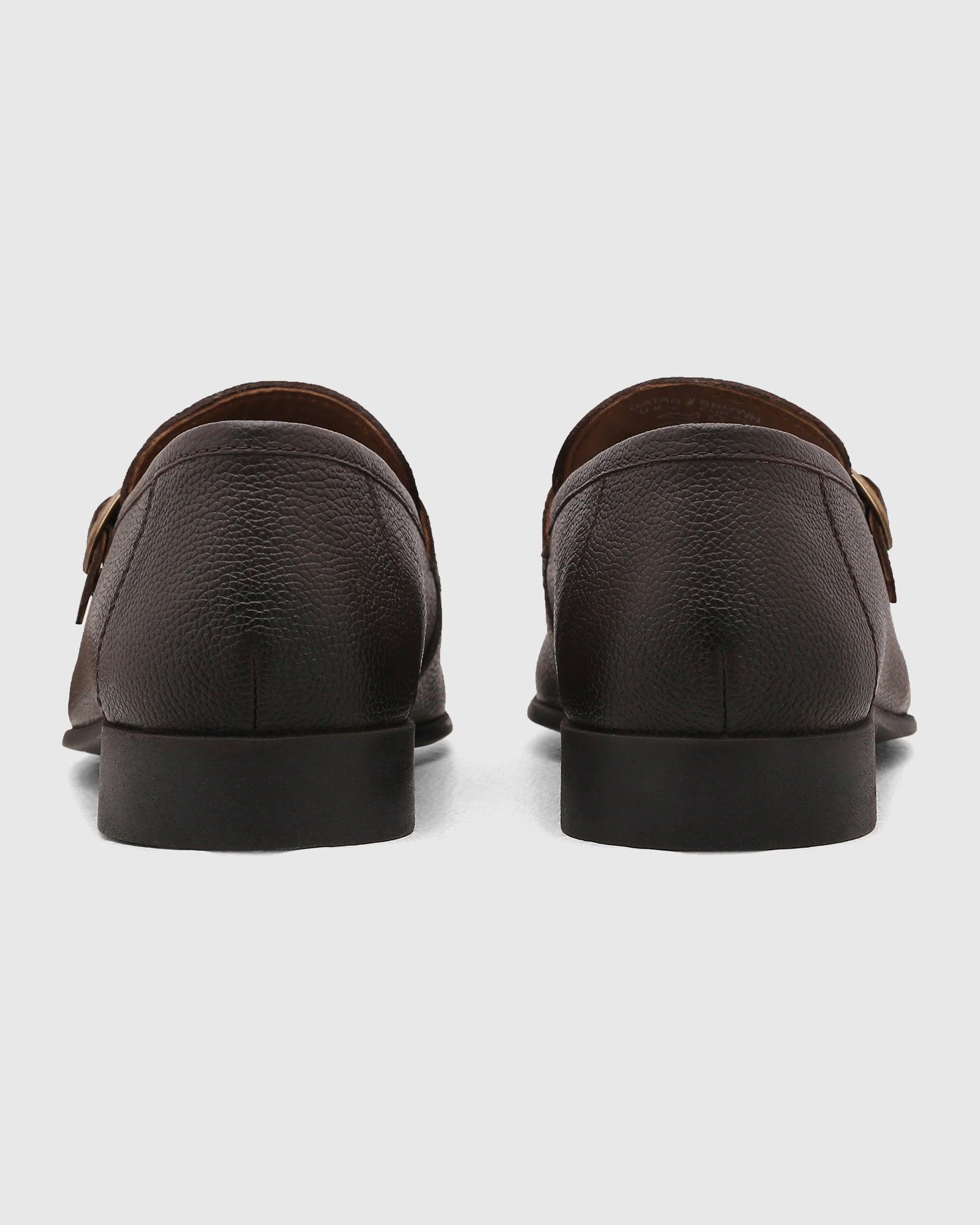 Leather Brown Textured Slip On Shoes - Qatar
