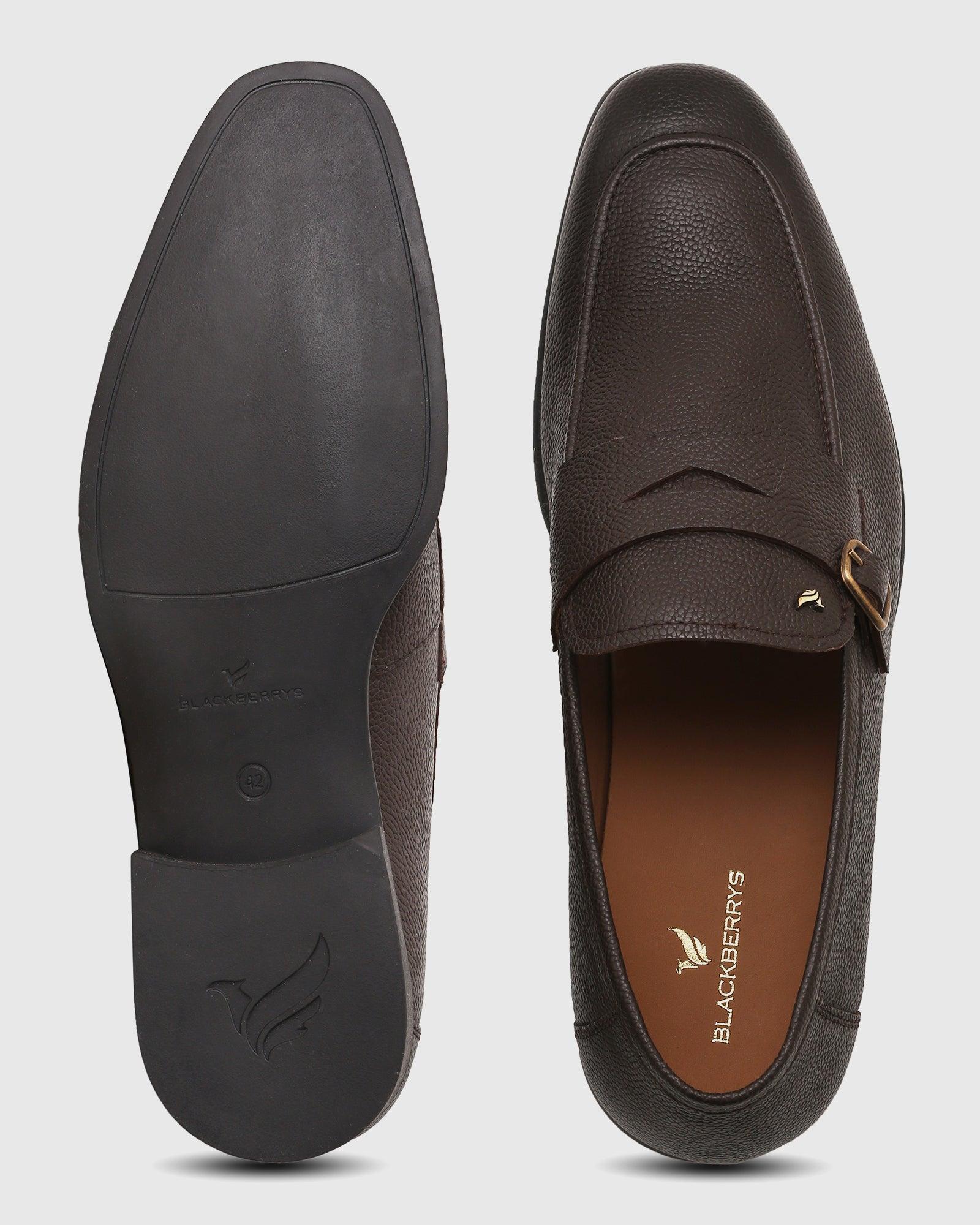 Leather Brown Textured Slip On Shoes - Qatar