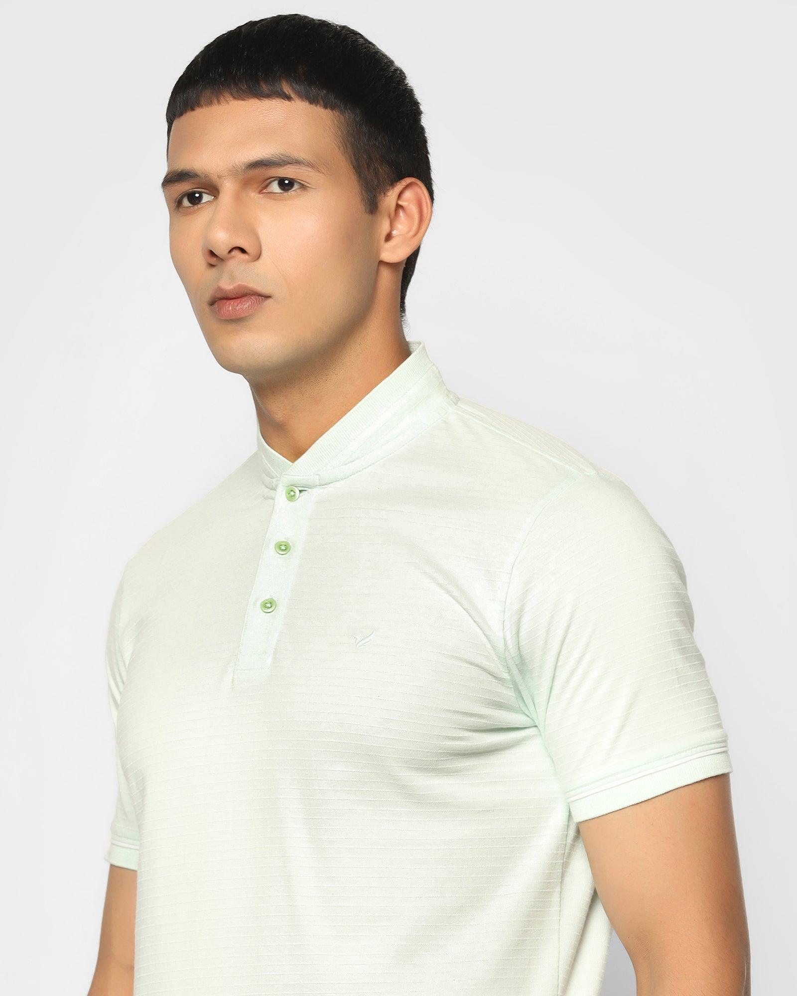 Stylized Collar Pastel Green Textured T Shirt - Kore