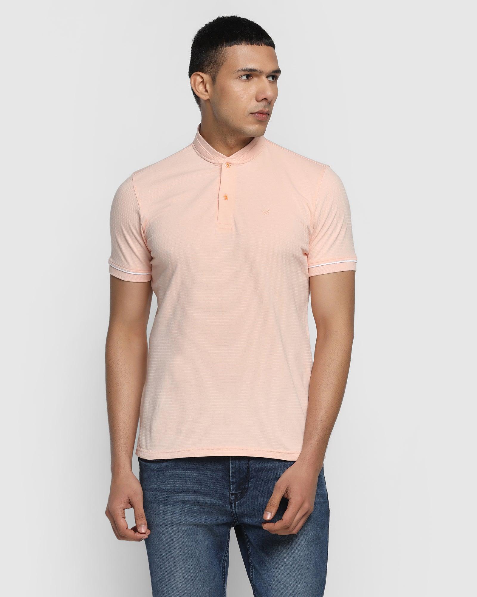 Stylized Collar Peach Textured T Shirt - Kore