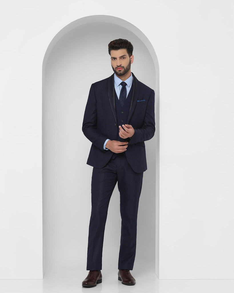 Tuxedo Three Piece Navy Textured Formal Suit - Fiesta