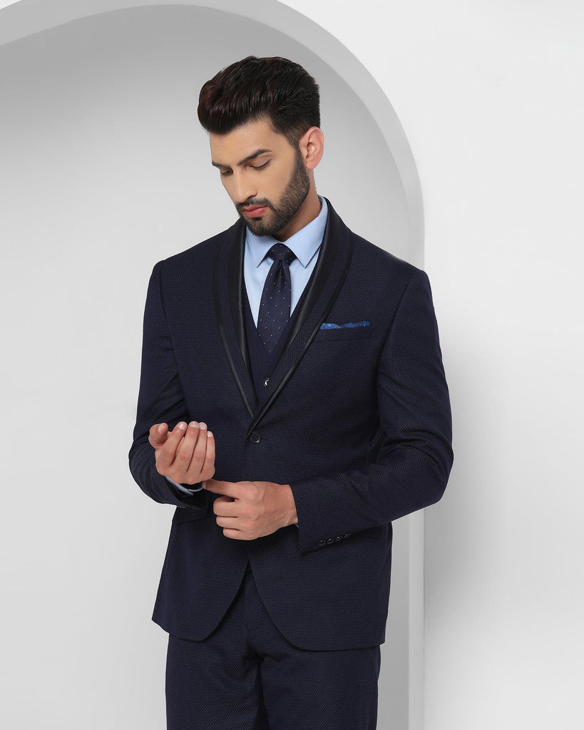 Tuxedo Three Piece Navy Textured Formal Suit - Fiesta