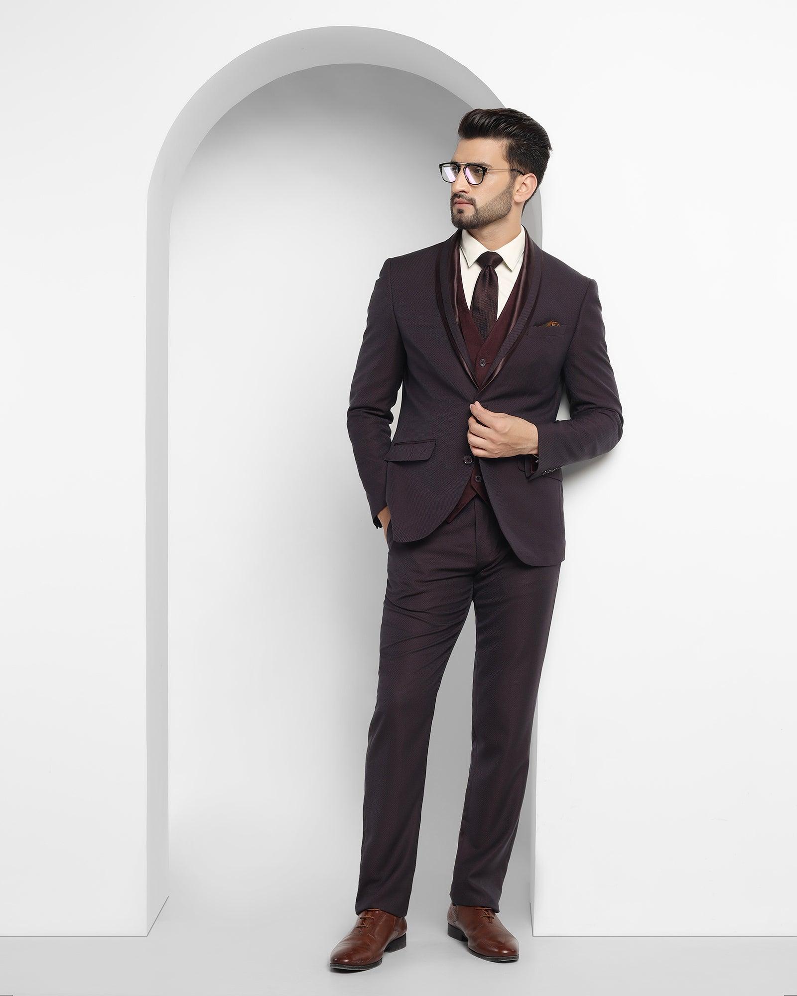 Tuxedo Three Piece Wine Textured Formal Suit - Fiesta