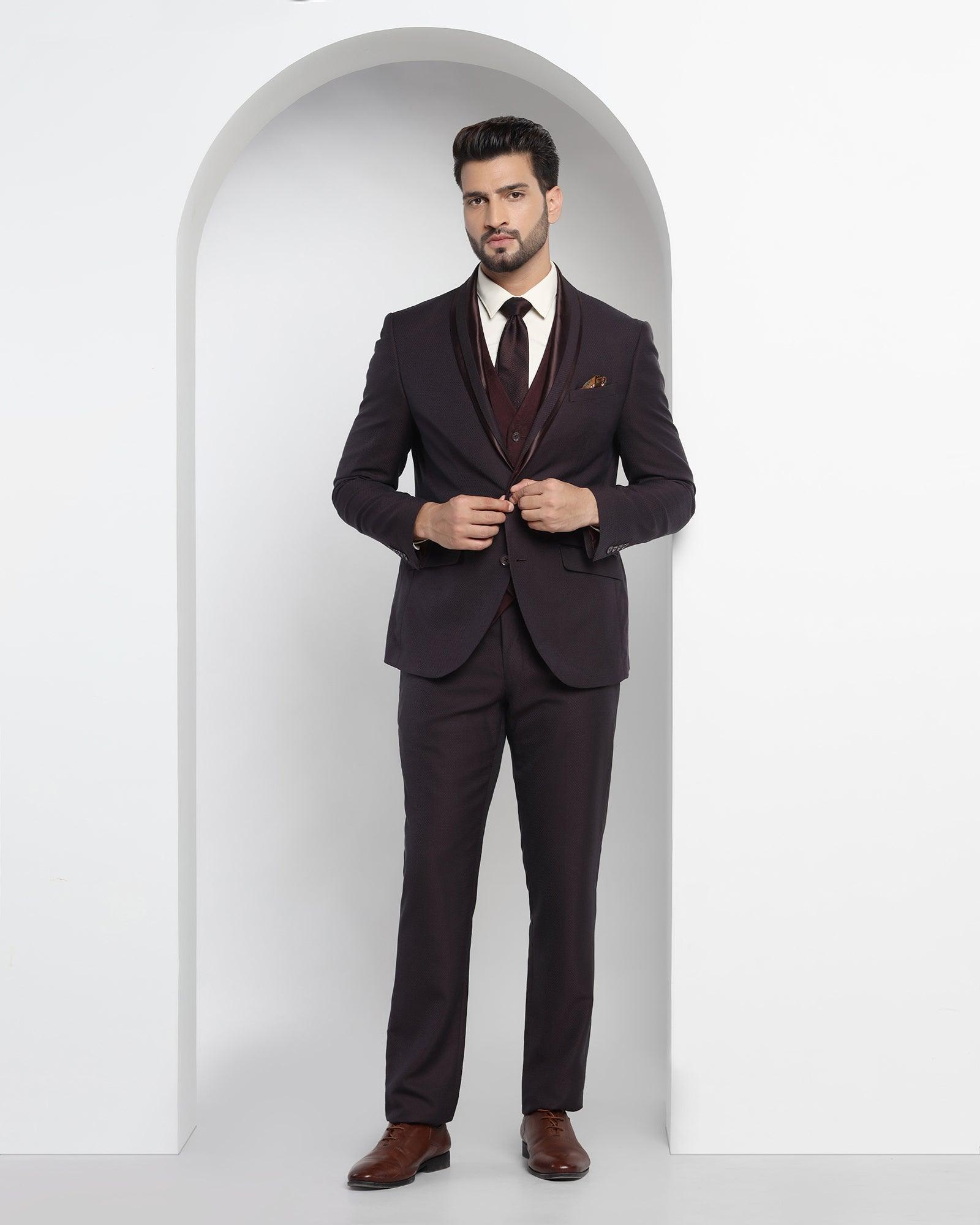 Tuxedo Three Piece Wine Textured Formal Suit - Fiesta