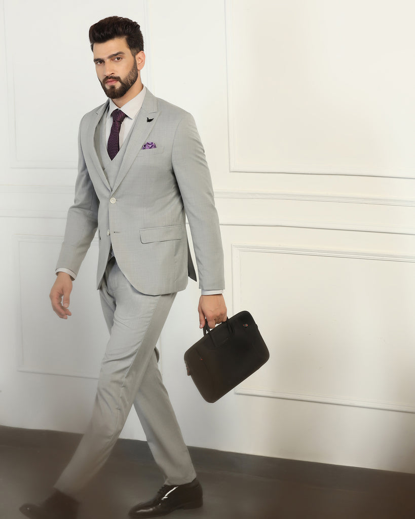 Three Piece Grey Solid Formal Suit - Oden