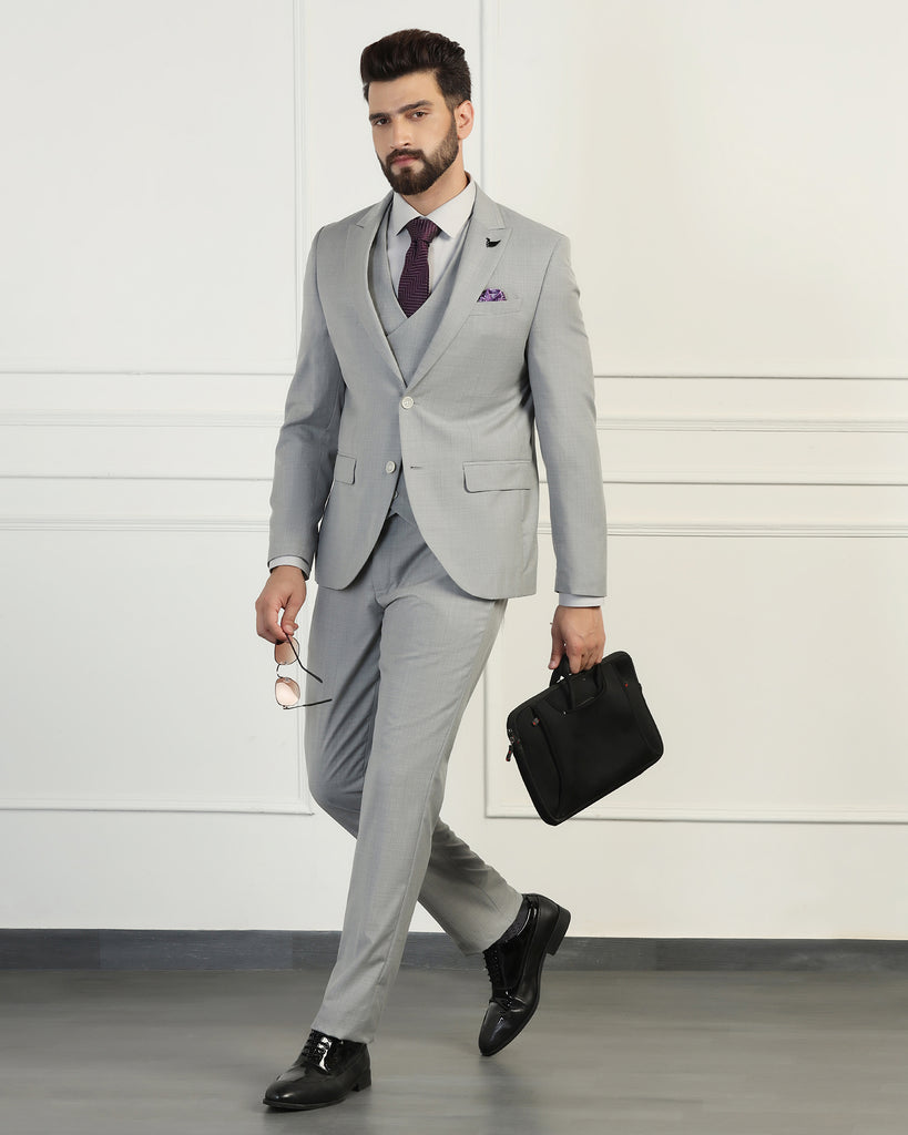 Three Piece Grey Solid Formal Suit - Oden