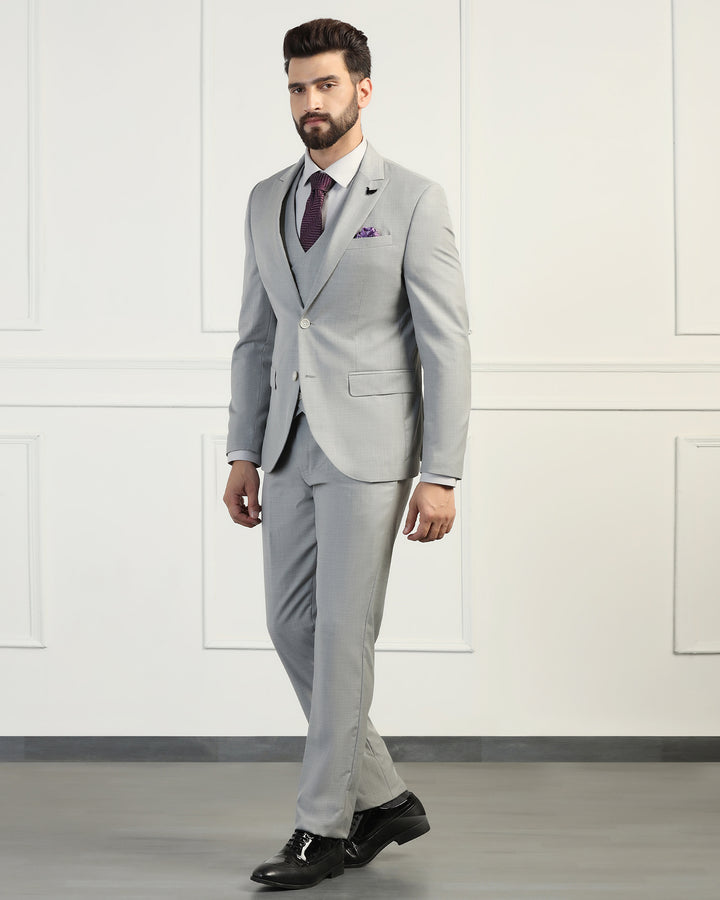 Three Piece Grey Solid Formal Suit - Oden