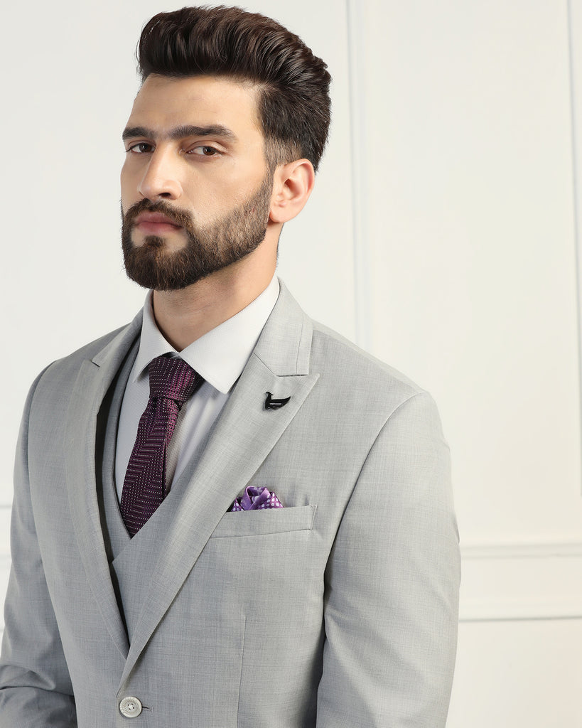 Three Piece Grey Solid Formal Suit - Oden