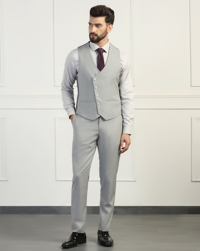 Three Piece Grey Solid Formal Suit - Oden