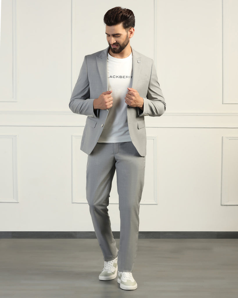 Three Piece Grey Solid Formal Suit - Oden