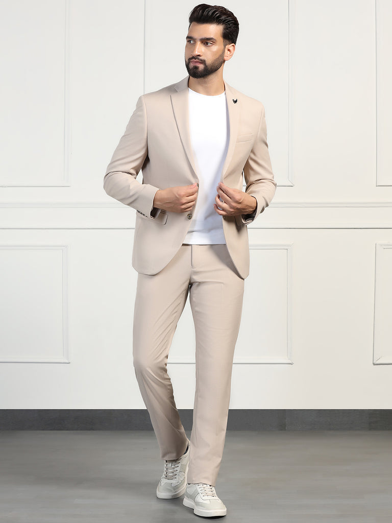 Two Piece Beige Textured Formal Suit - Zanite