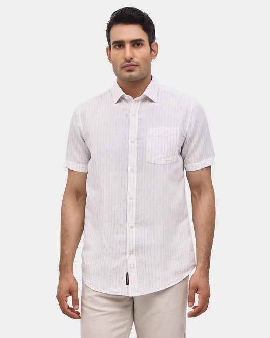 White Half Sleeve Linen Stripe Shirt - Aurelle