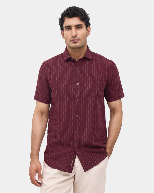 Wine Half Sleeve Linen Stripe Shirt - Aurelle