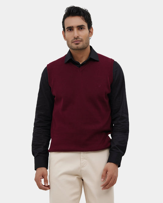 Wine V-Neck Solid Sweater - Less
