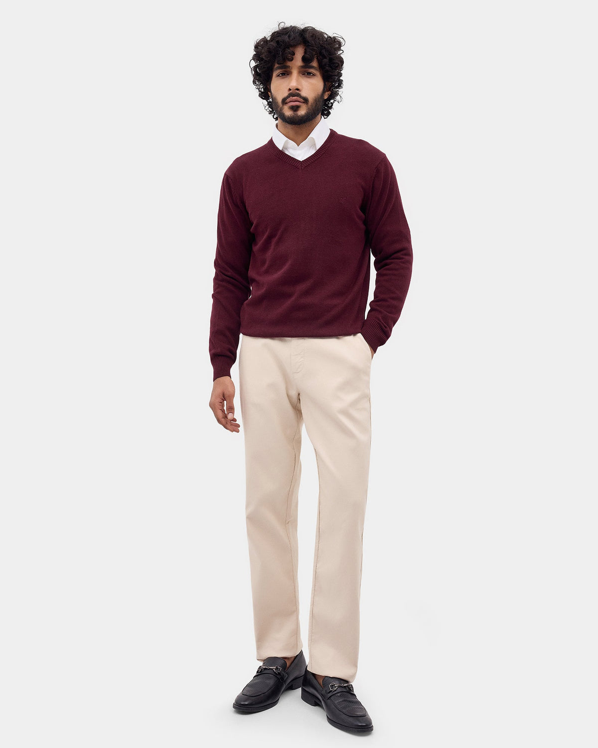 Wine Solid Sweater - Vneckter