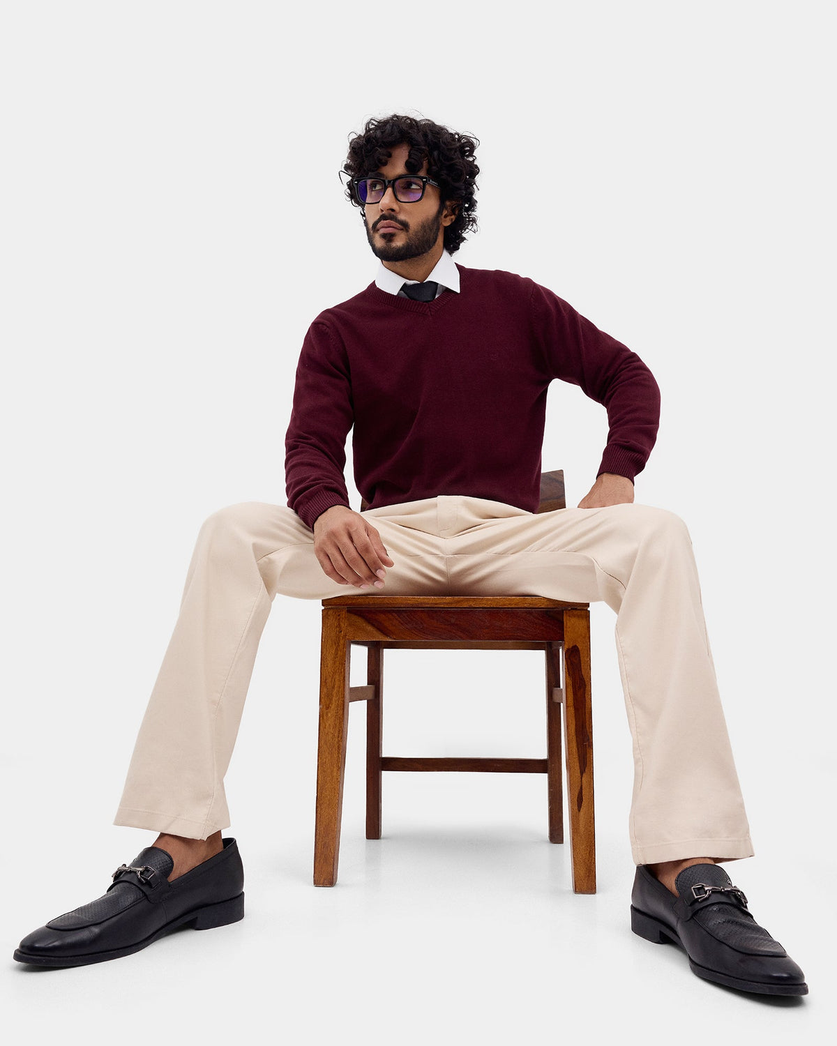 Wine Solid Sweater - Vneckter