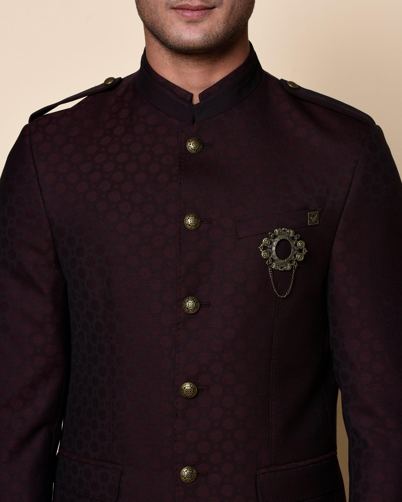 Swarn Two Piece Wine Solid Achkan Set - Pold - Blackberrys