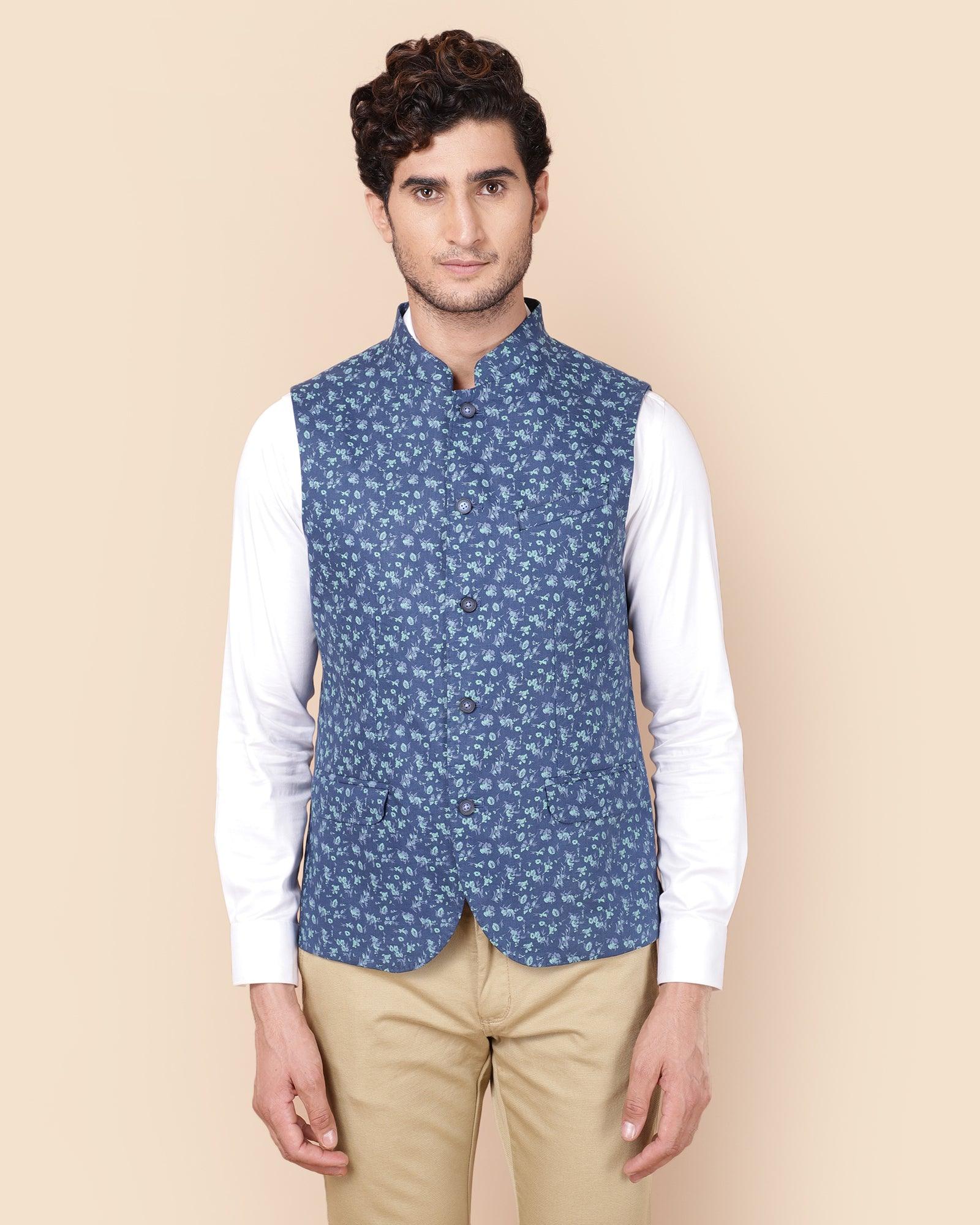 Linen Formal Navy Printed Waistcoat - Wayne - Blackberrys