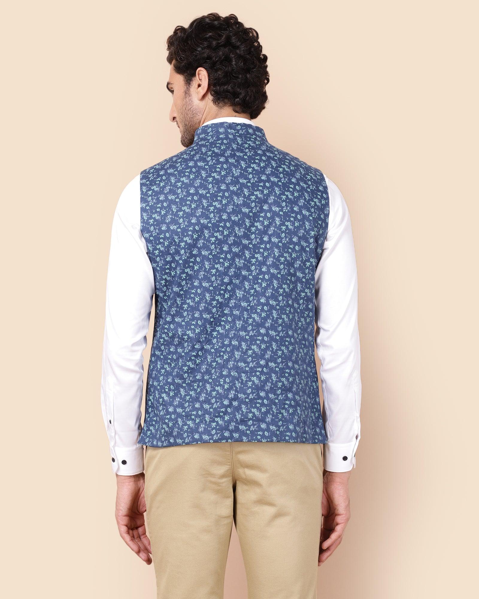 Linen Formal Navy Printed Waistcoat - Wayne - Blackberrys