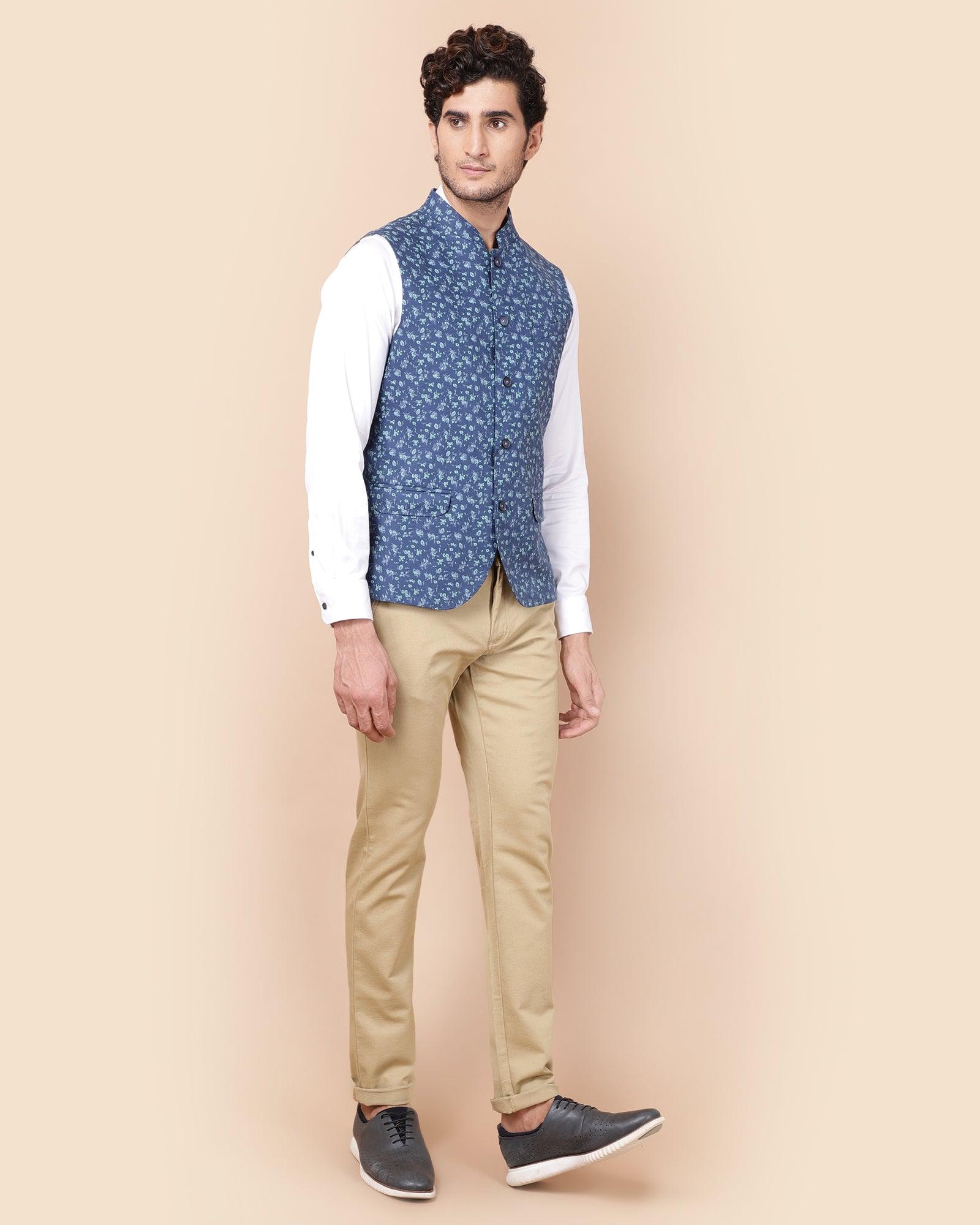 Linen Formal Navy Printed Waistcoat - Wayne - Blackberrys